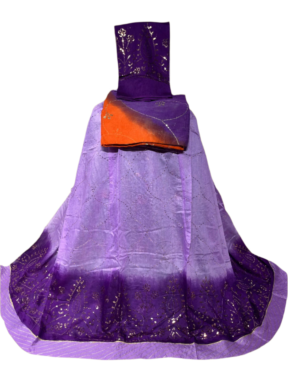 Purple Cotton Rajputi Dress with Thread and Tara Work – Multicolor Odhani
