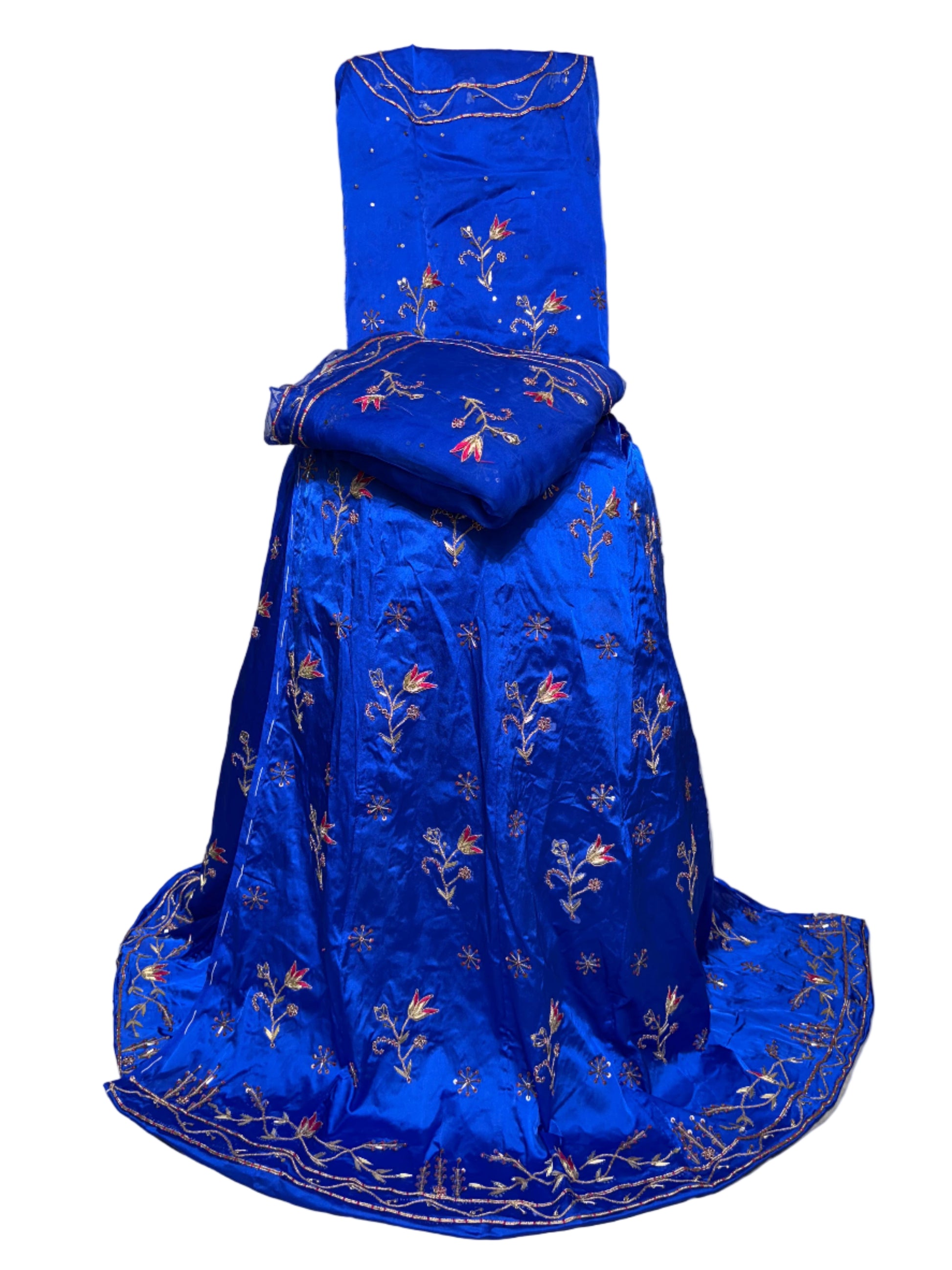 Blue embroidered saree with a matching blouse on a white background