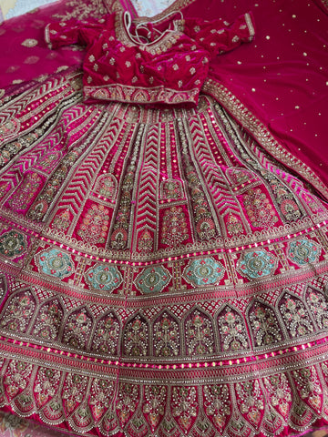Rani Velvet Bridal Lehenga – Rangoli Design | Zari + Mirror Work
