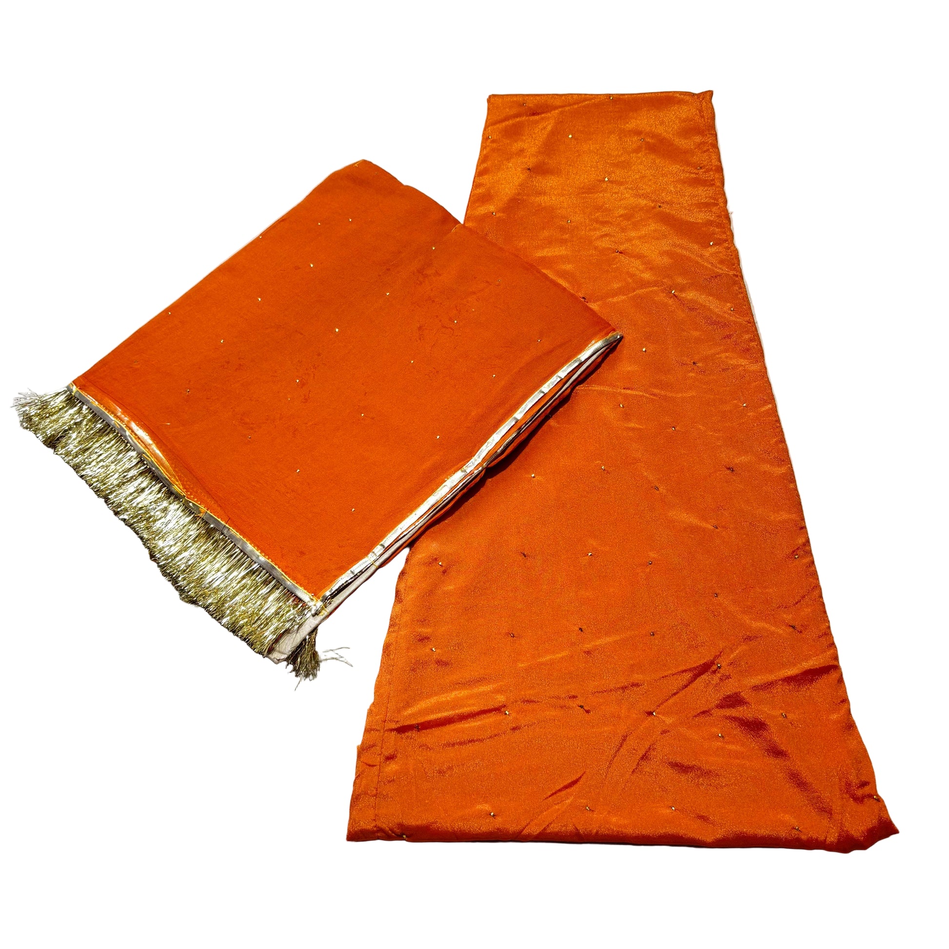 Orange fabric with gold trim on a light gray background