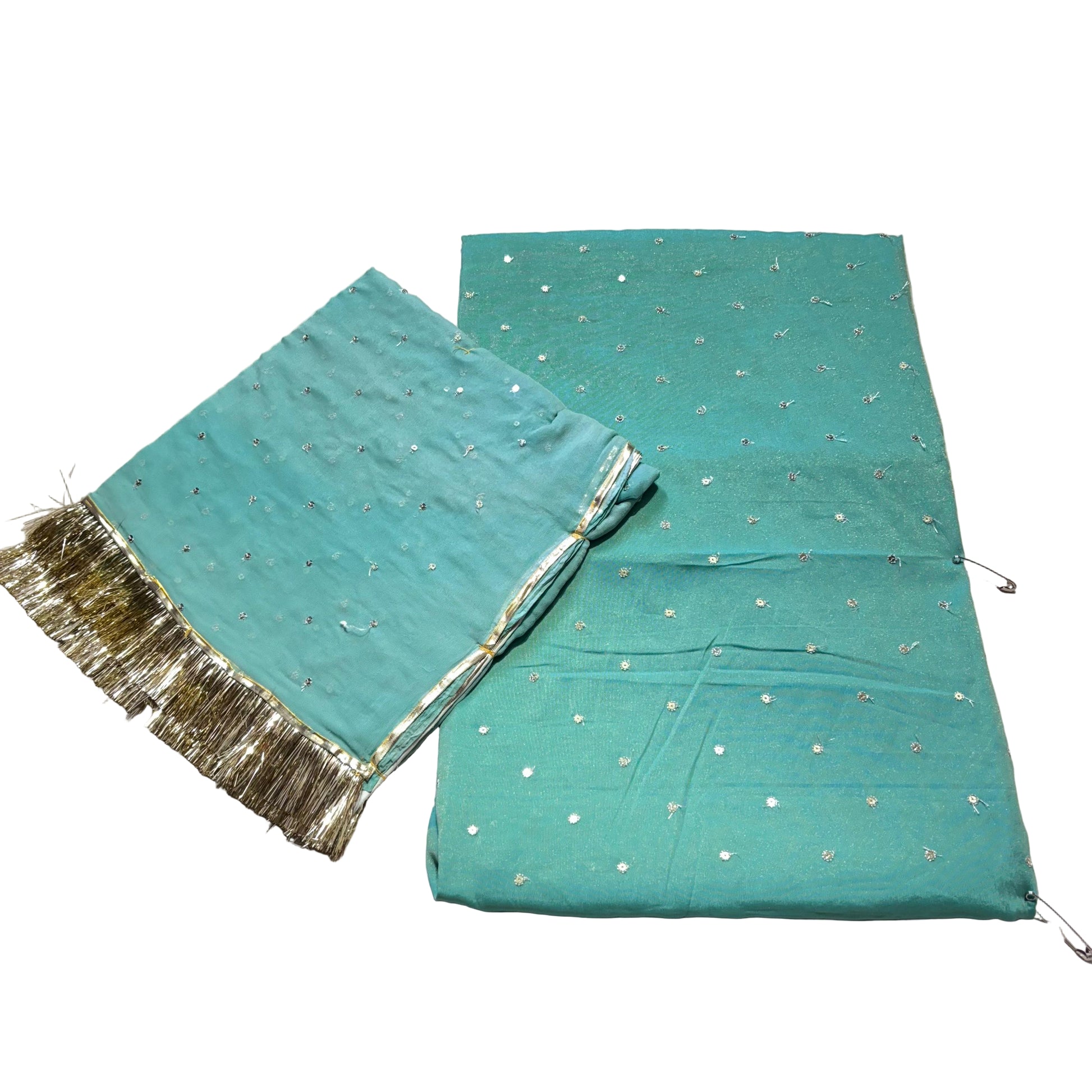 Teal fabric with gold trim on a light gray background