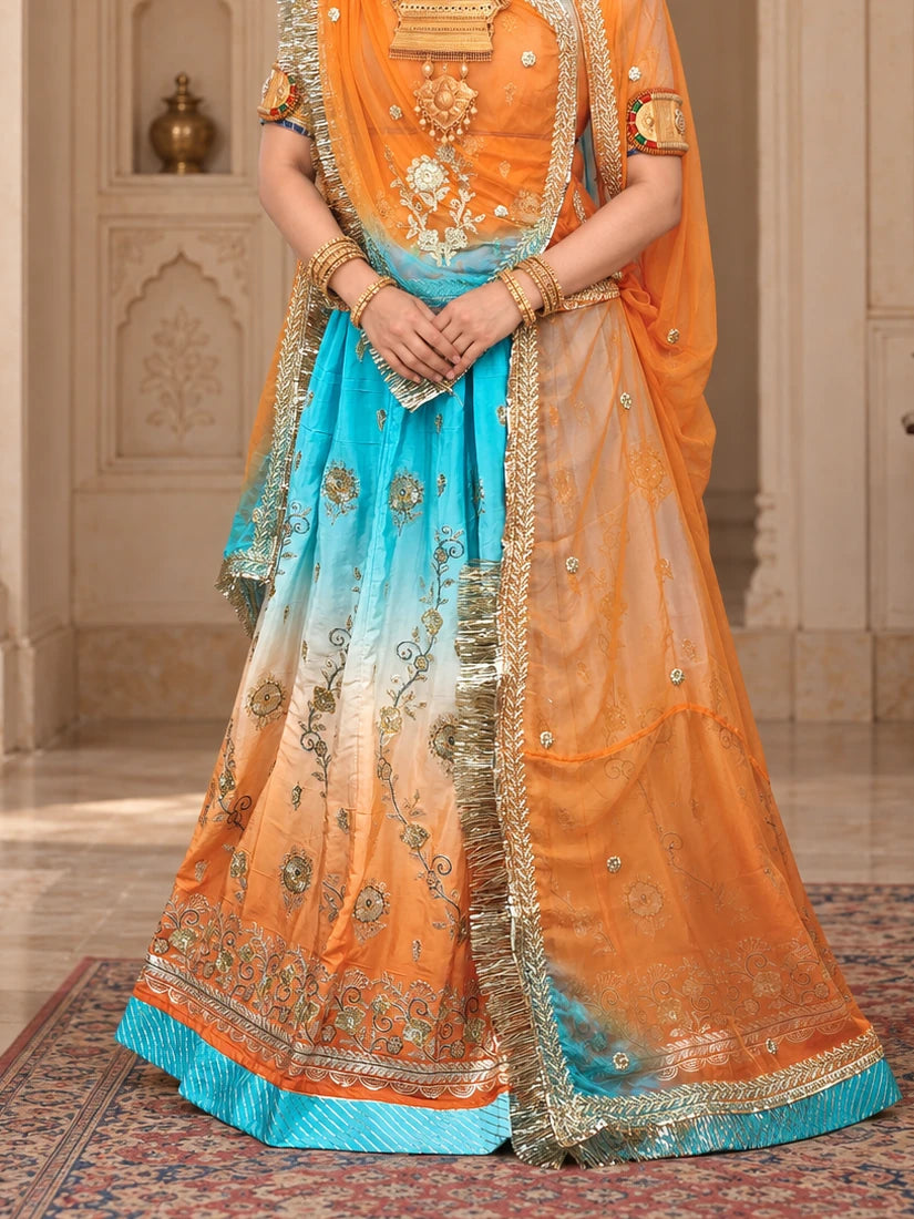 Sky Blue & Orange Ombre Shaded Rajputi Poshak in Crepe Fabric with Zardoji & Sequin Work | Traditional Rajasthani Dress - lehenga and border detail