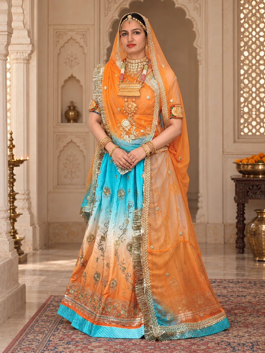 Sky Blue & Orange Ombre Shaded Rajputi Poshak in Crepe Fabric with Zardoji & Sequin Work | Traditional Rajasthani Dress - model front view
