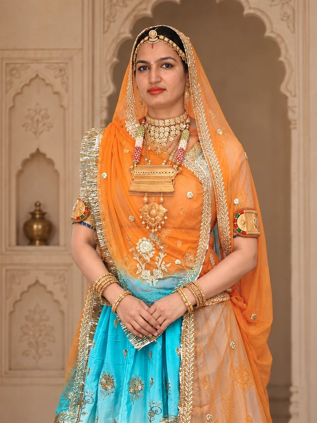 Sky Blue & Orange Ombre Shaded Rajputi Poshak in Crepe Fabric with Zardoji & Sequin Work | Traditional Rajasthani Dress - blouse and odhni detail