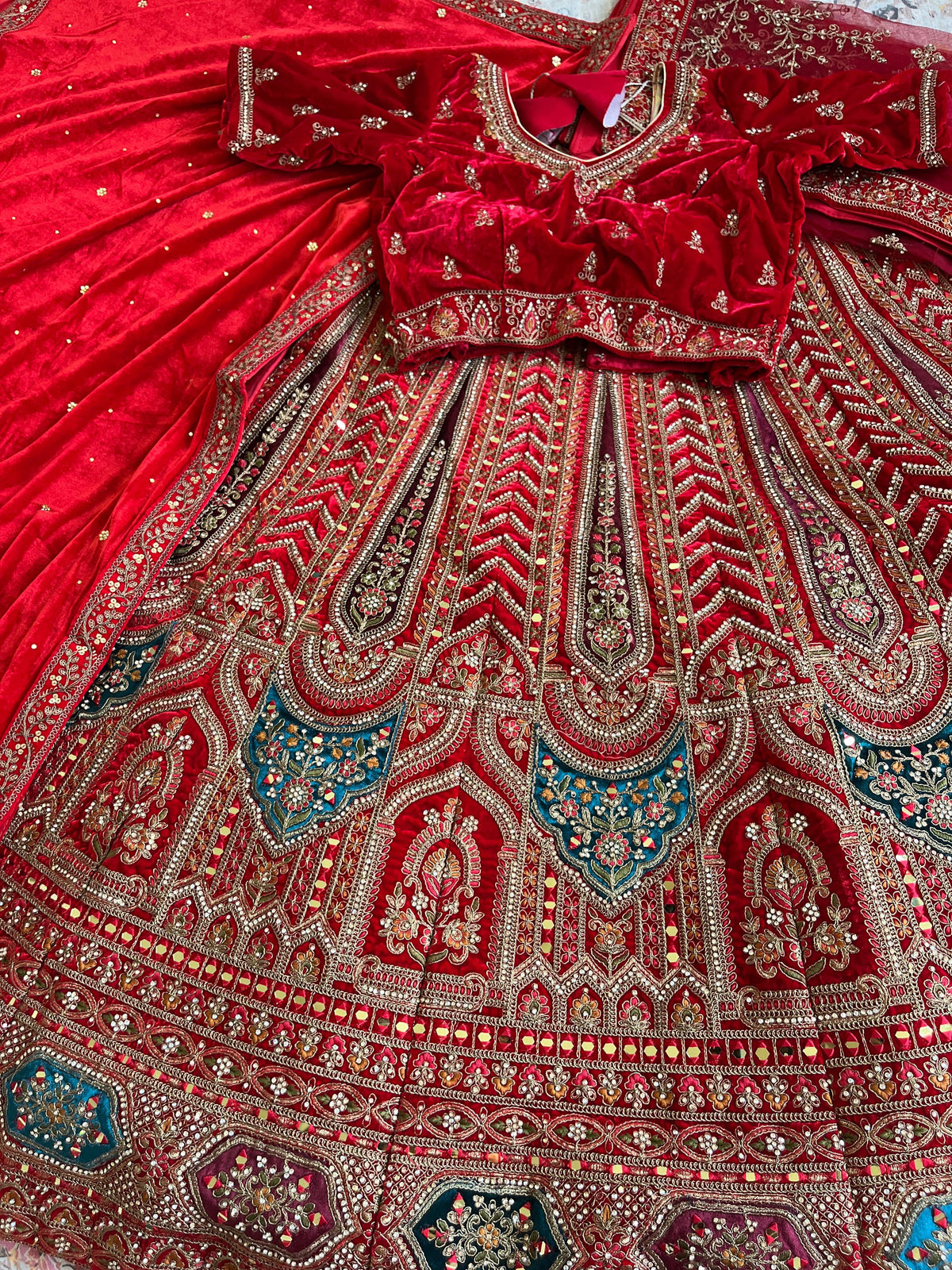 Red Bridal Velvet Lehenga – Barat Dholi Design | Mirror + Zari Work