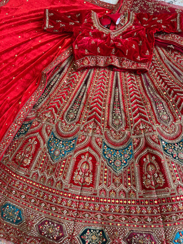 Red Bridal Velvet Lehenga – Barat Dholi Design | Mirror + Zari Work
