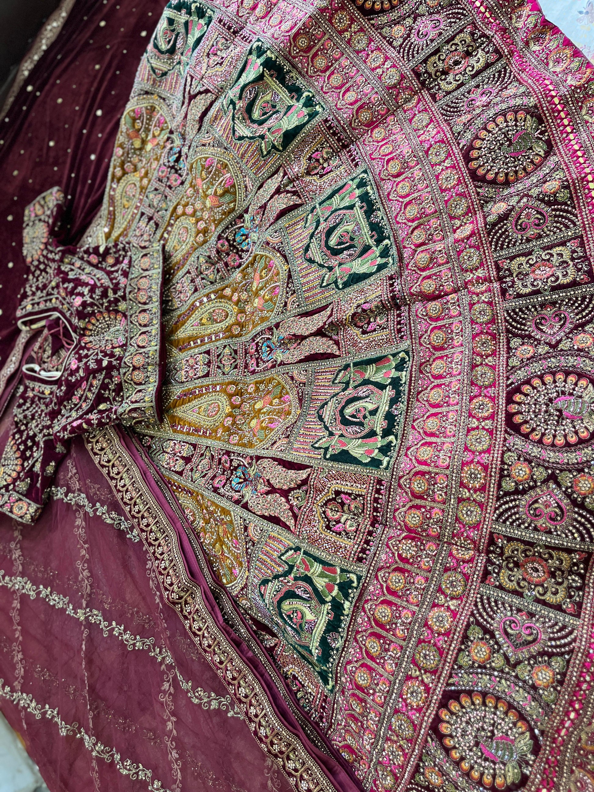 Red Velvet Bridal Lehenga – Barat, Dholi & Peacock Design | Zari + Mirror Work | ₹18,000