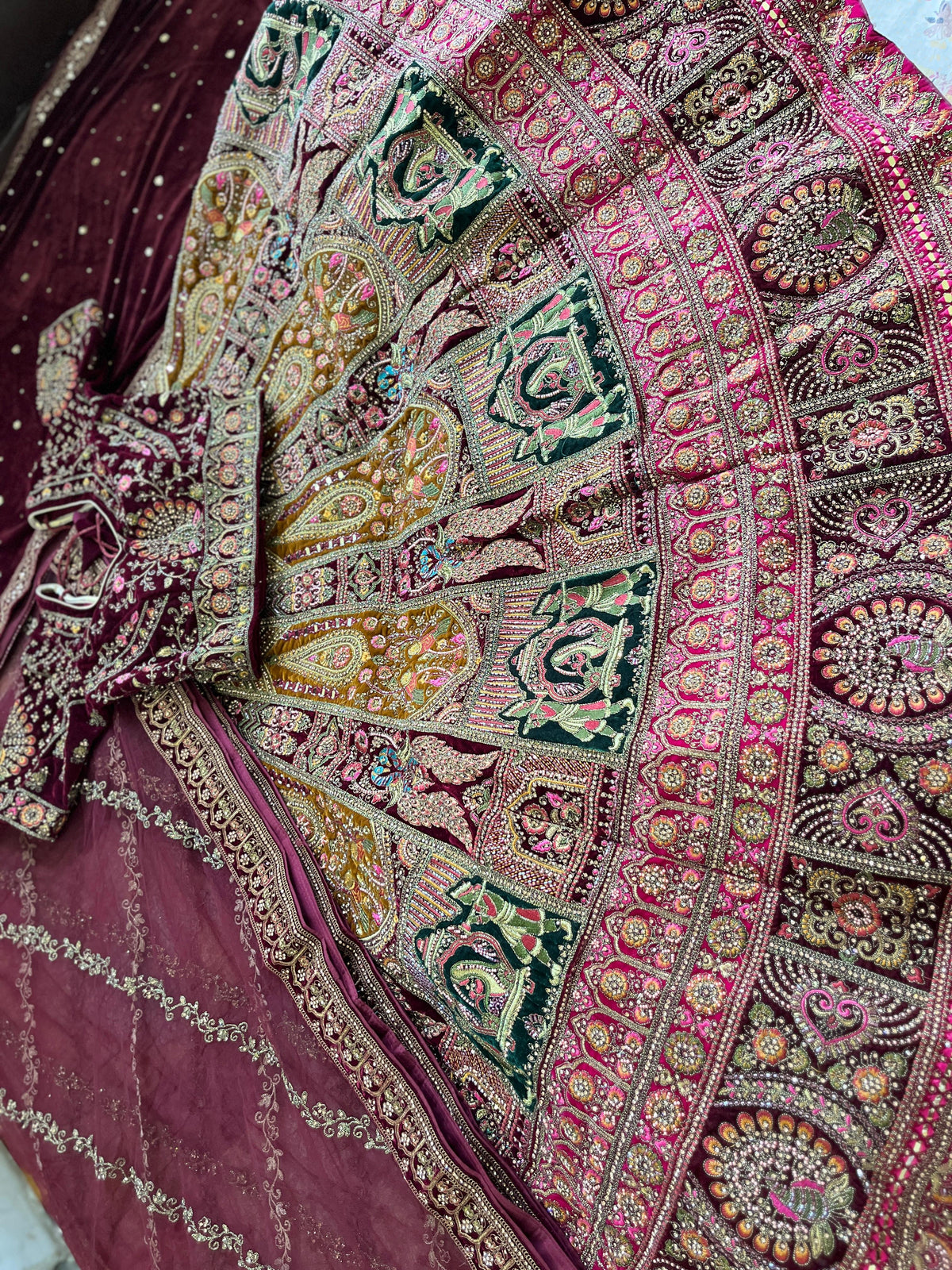 Red Velvet Bridal Lehenga – Barat, Dholi & Peacock Design | Zari + Mirror Work