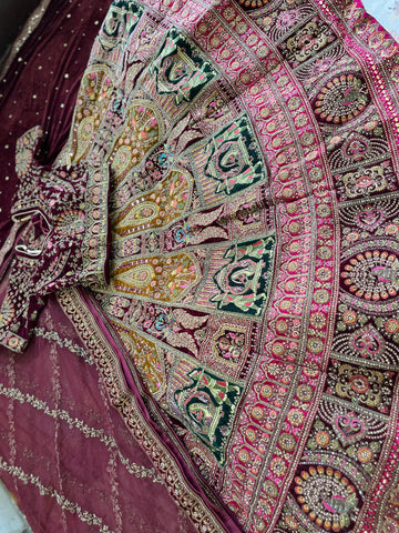 Red Velvet Bridal Lehenga – Barat, Dholi & Peacock Design | Zari + Mirror Work