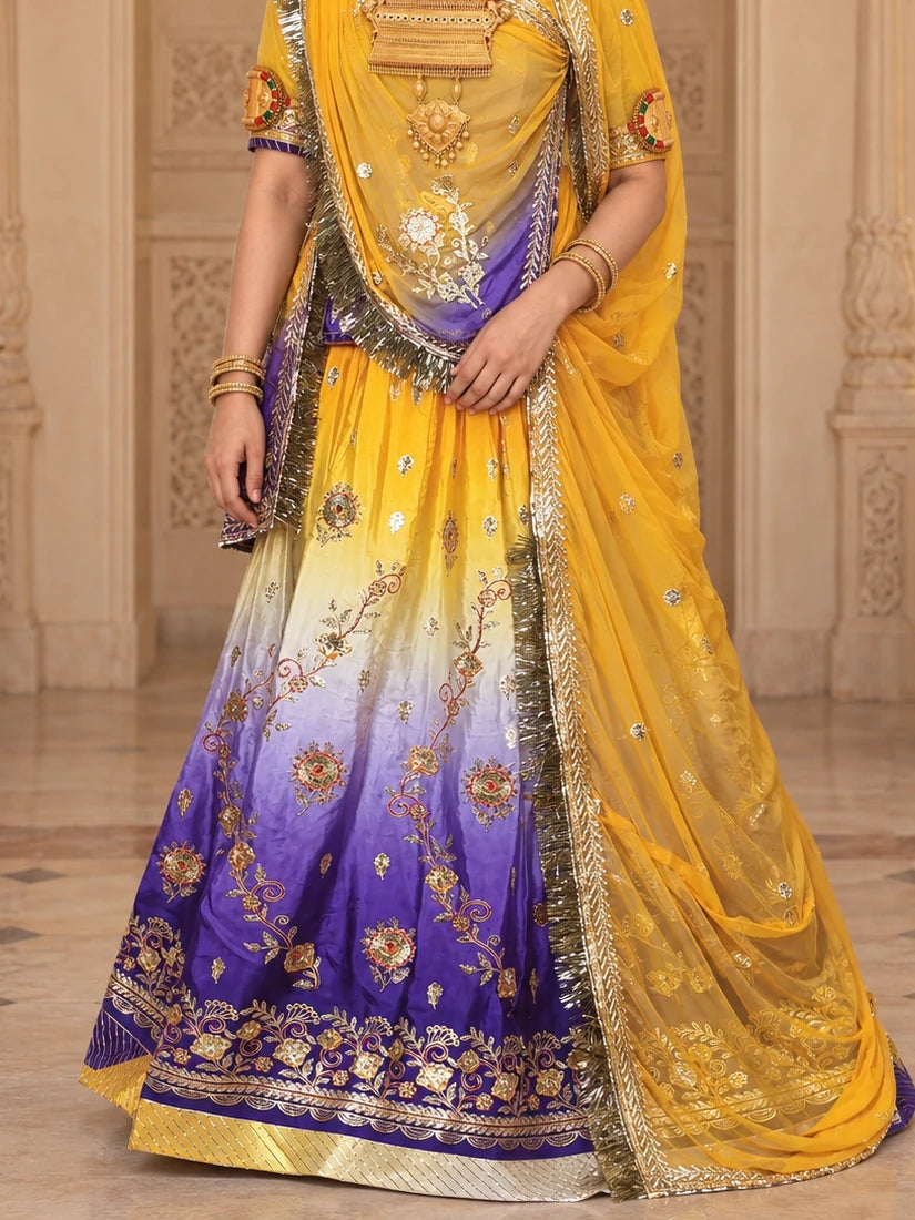 Yellow Purple Ombre Gradient Rajputi Poshak for Women | Crepe Fabric | Zardoji & Sequin Work | Traditional Rajasthani Dress - lehenga and border detail