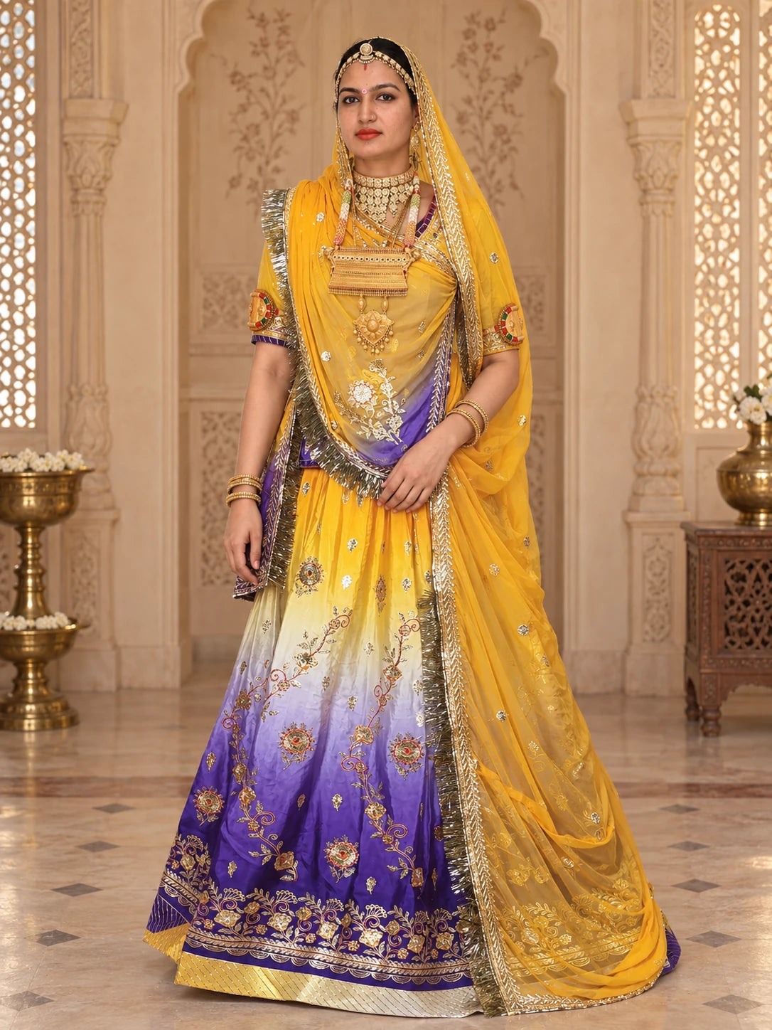 Yellow Purple Ombre Gradient Rajputi Poshak for Women | Crepe Fabric | Zardoji & Sequin Work | Traditional Rajasthani Dress - model front view