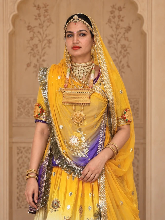 Yellow Purple Ombre Gradient Rajputi Poshak for Women | Crepe Fabric | Zardoji & Sequin Work | Traditional Rajasthani Dress - model front view