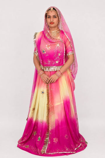 Yellow & Rani Pink Shaded Zari Work Rajputi Poshak for Women | Natural Crepe Fabric Traditional Ethnic Dress